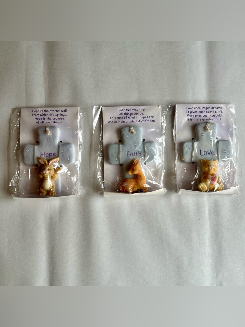 Vintage Russ 'I Believe In You' Animal Cross Ornaments Cat Rabbit Deer- Set of 3
